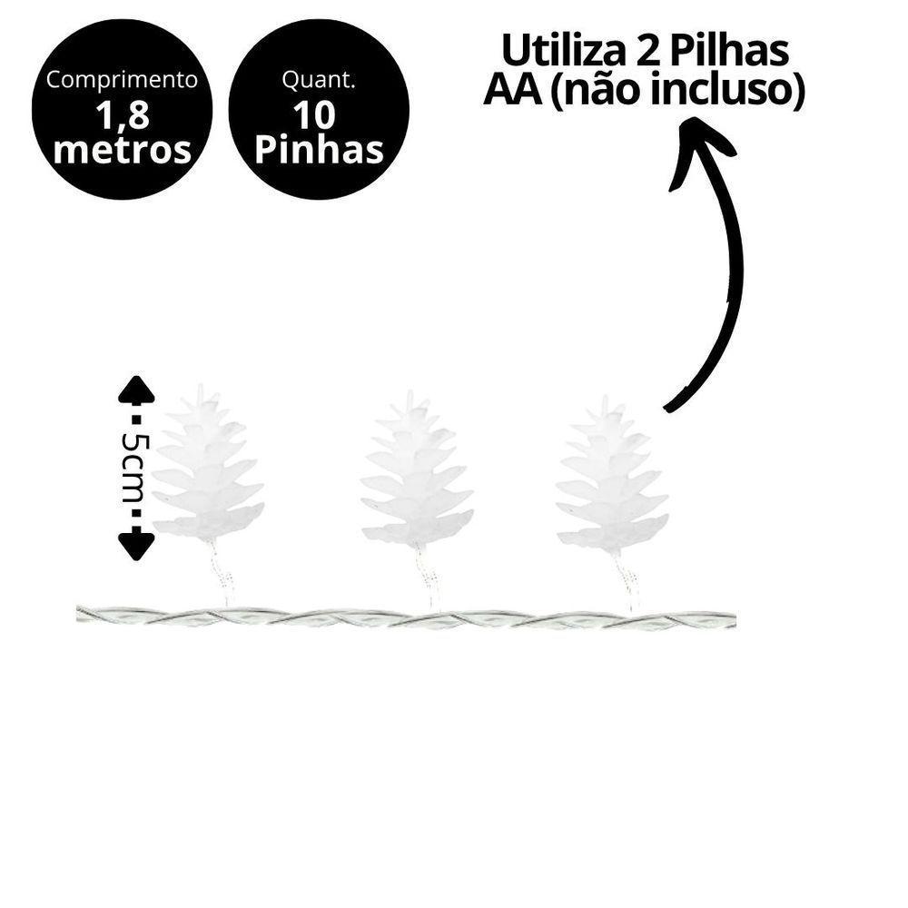 Cordão Pinha Natalina Iluminada 10 Lâmpadas Led Branco Quente 1,8m - 4
