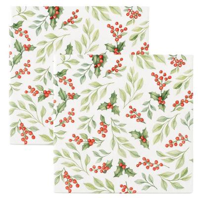 Kit Guardanapo De Natal Estampado Folhagens Azevinhos 33x33cm Folha Dupla Prime 40 Unidades