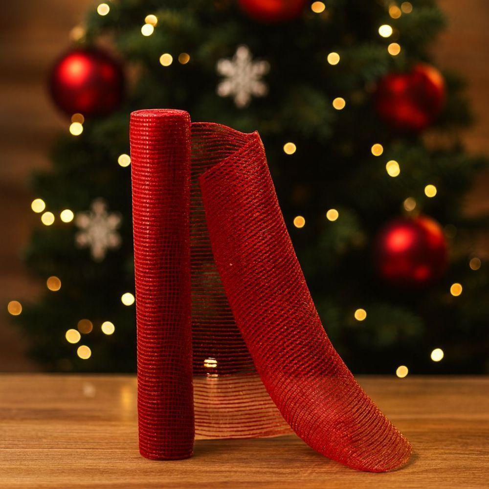 Tela Decorativa Natal Malha Tule Trançado Vermelho 52cm X 5m Brilhante Premium - 3