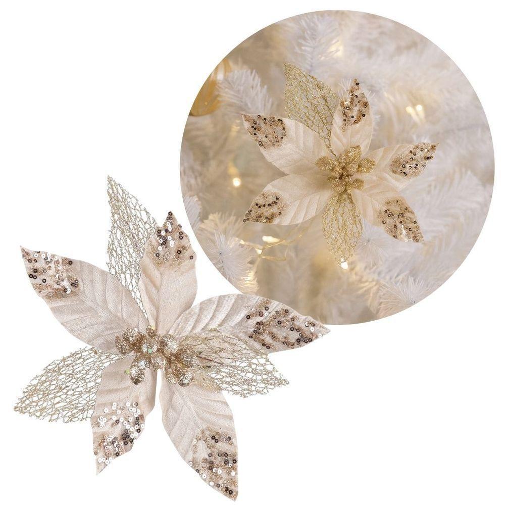 Flor Bico De Papagaio Luxo Champanhe Mescla Veludo Glitter 23cm - 1