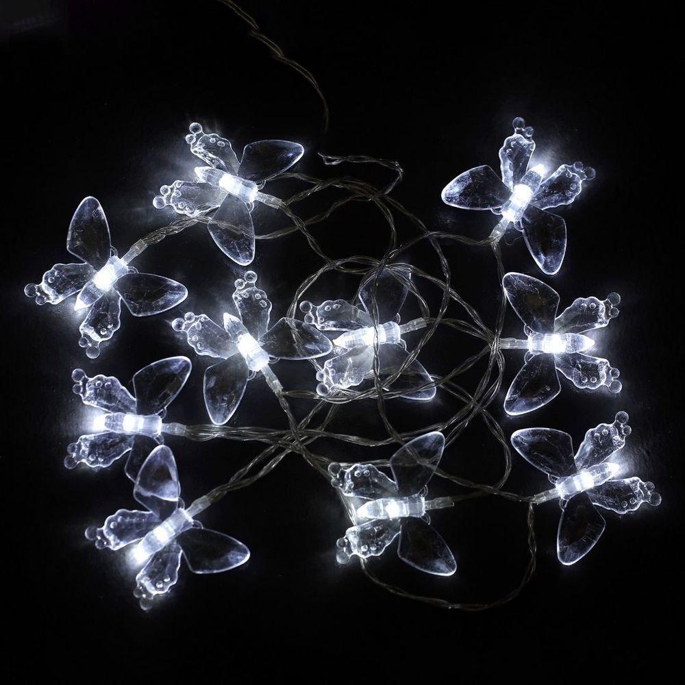 Cordão Iluminado Borboleta Acrílico Transparente 10 Lâmpadas Led Branco Frio 2,3m - 2