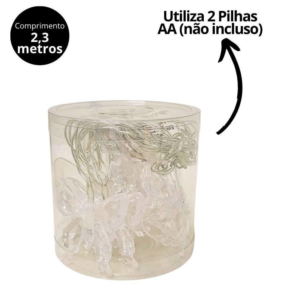 Cordão Iluminado Borboleta Acrílico Transparente 10 Lâmpadas Led Branco Frio 2,3m - 3