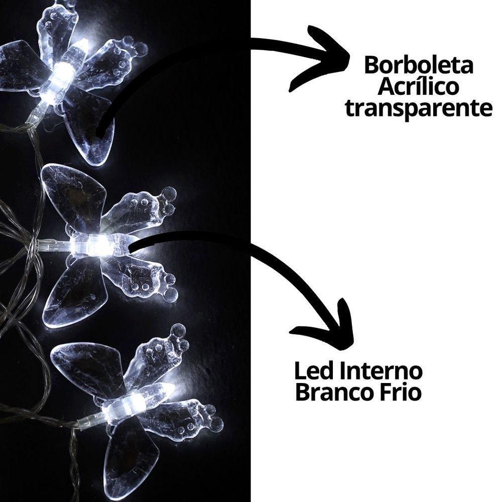 Cordão Iluminado Borboleta Acrílico Transparente 10 Lâmpadas Led Branco Frio 2,3m - 4