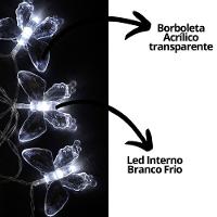 Cordão Iluminado Borboleta Acrílico Transparente 10 Lâmpadas Led Branco Frio 2,3m