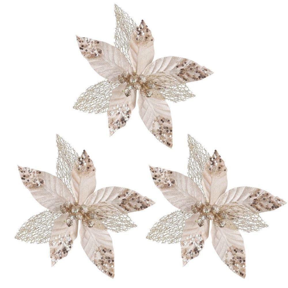 Kit 3 Flores Bico De Papagaio Luxo Champanhe Mescla Veludo Glitter 23cm - 1