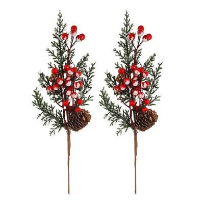 Jogo 2 Galhos Pick Decorativo Natal Com Folhagens, Pinhas E Cereja Nevada 30cm