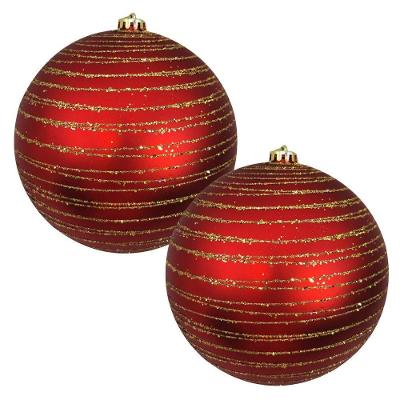 Jogo 2 Bolas De Natal Grande Vermelho Fosco Com Espiral Glitter Dourado 15cm Decorativa Premium