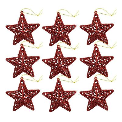 Kit 9 Estrelas Natal Arabesco Vazada Tridimensional Glitter Vermelho 9cm - Magizi