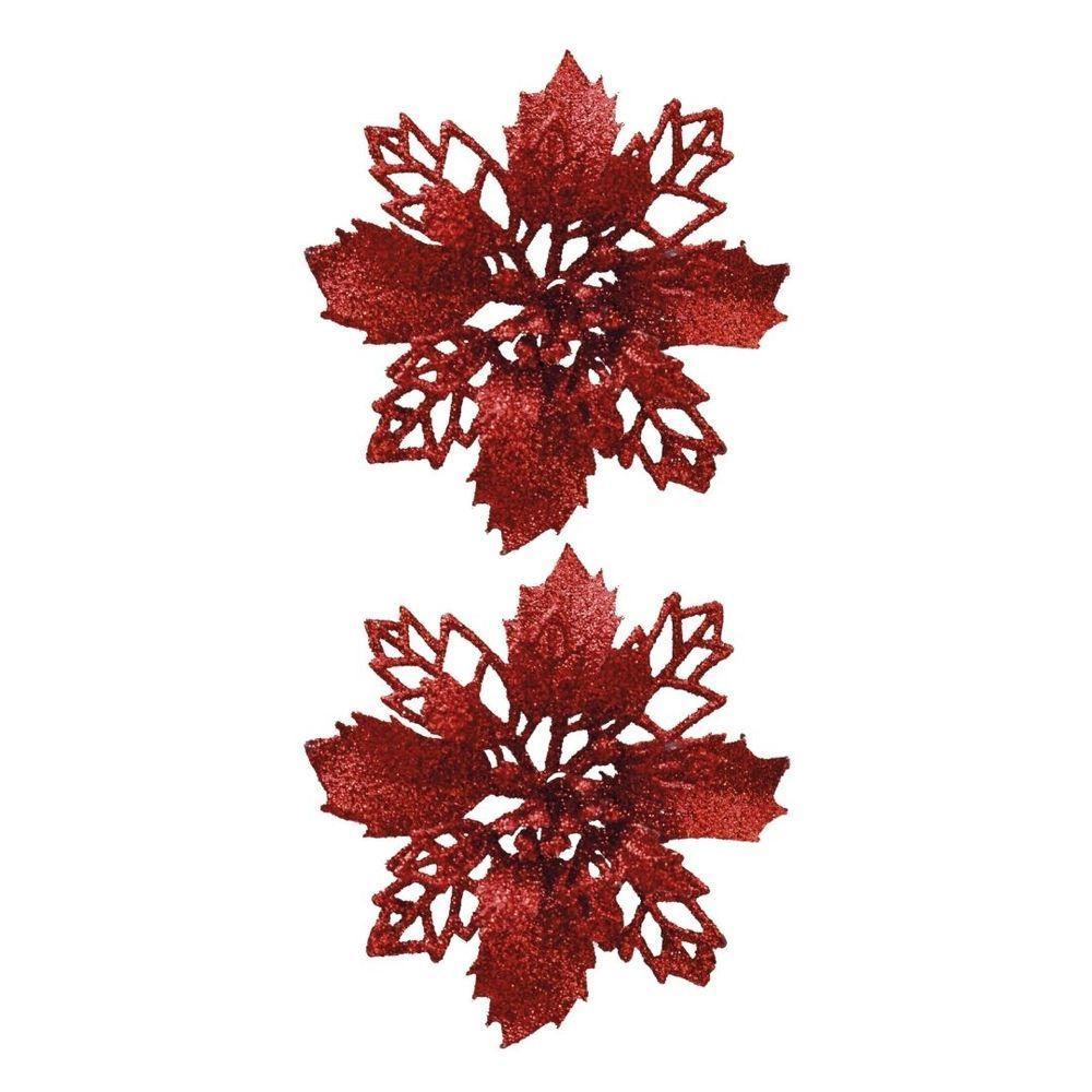 Jogo 2 Flores Bico De Papagaio Vermelha Natal Pick Glitter 9cm Com Presilha - Magizi - 1