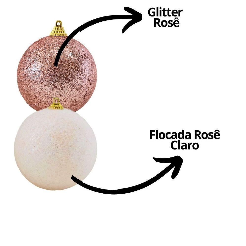 Jogo 12 Bolas De Natal Rosê Mistas Glitter E Flocada Luxo 8cm - Master Christmas - 4