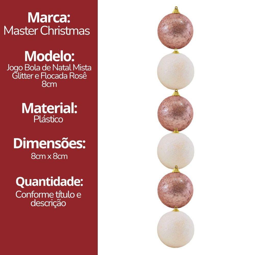 Jogo 12 Bolas De Natal Rosê Mistas Glitter E Flocada Luxo 8cm - Master Christmas - 7