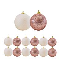Jogo 12 Bolas De Natal Rosê Mistas Glitter E Flocada Luxo 8cm - Master Christmas - 1