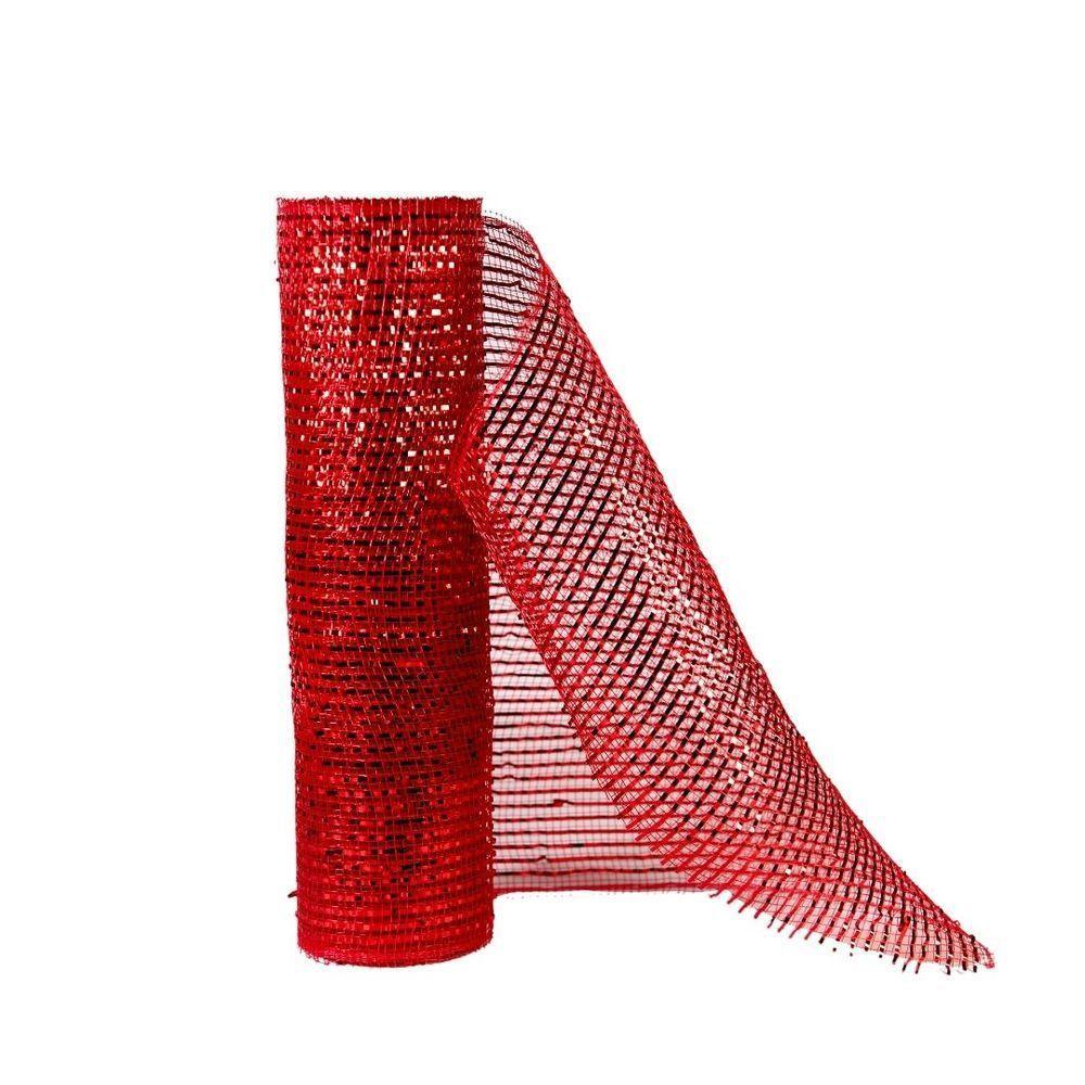 Jogo 2 Telas Decorativa Natal Malha Tule Trançado Vermelha Premium 25cm X 5 Metros - 4
