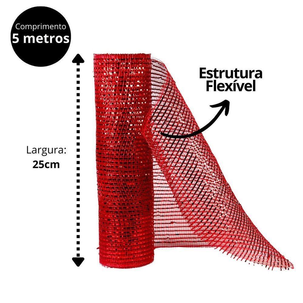 Jogo 2 Telas Decorativa Natal Malha Tule Trançado Vermelha Premium 25cm X 5 Metros - 5