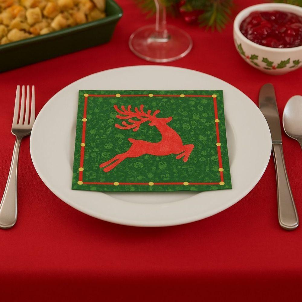 Guardanapo De Natal Estampado Rena Verde E Vermelho 33x33cm Folha Dupla Prime Pacote 20 Unidades - 3