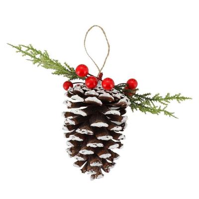 Pinha Decorada Natalina Grande Nevado Com Folhagens E Berries 14cm