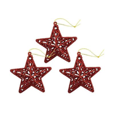 Kit 3 Estrelas Natal Arabesco Vazada Tridimensional Glitter Vermelho 9cm - Magizi