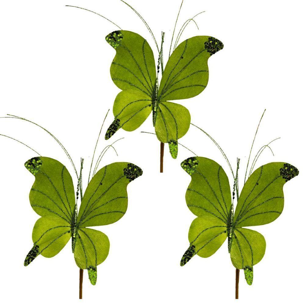 Kit 3 Borboletas Pick Natal Verde Full Glitter Luxo 23cm - Magizi - 1