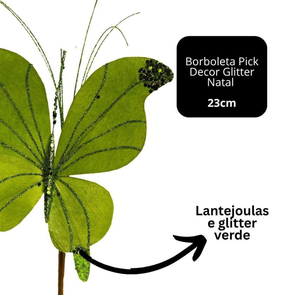 Kit 3 Borboletas Pick Natal Verde Full Glitter Luxo 23cm - Magizi - 4