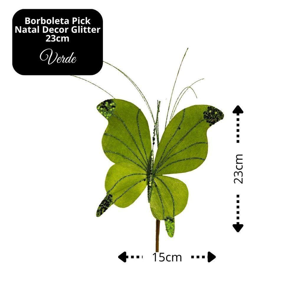 Kit 3 Borboletas Pick Natal Verde Full Glitter Luxo 23cm - Magizi - 5