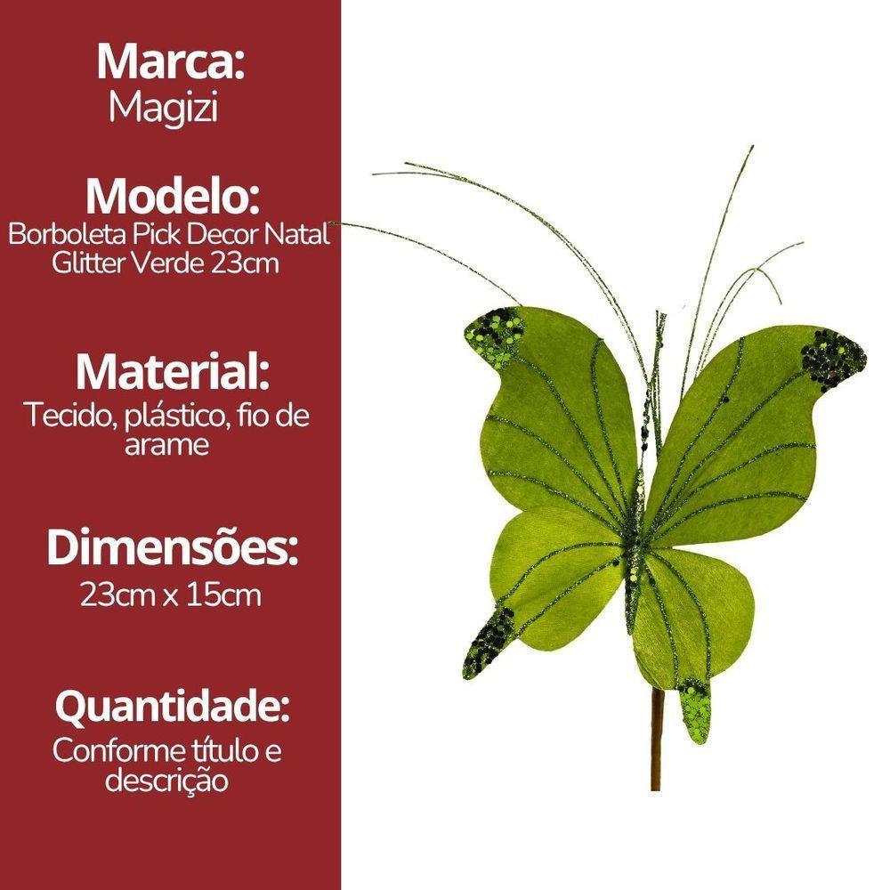 Kit 3 Borboletas Pick Natal Verde Full Glitter Luxo 23cm - Magizi - 7