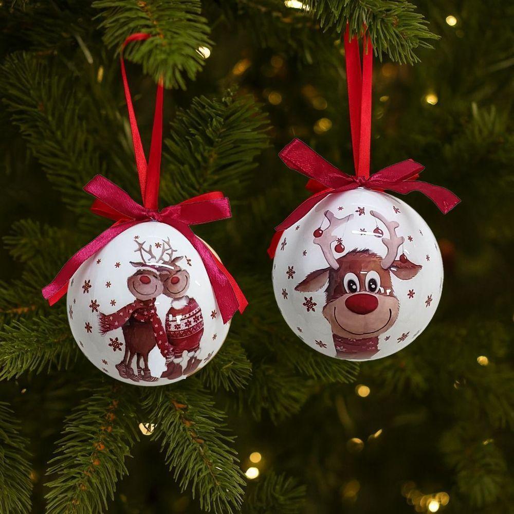 Kit 2 Bolas De Natal Decoradas Brancas Estampa Rena Love E Laço Vermelho 7,5cm - 5