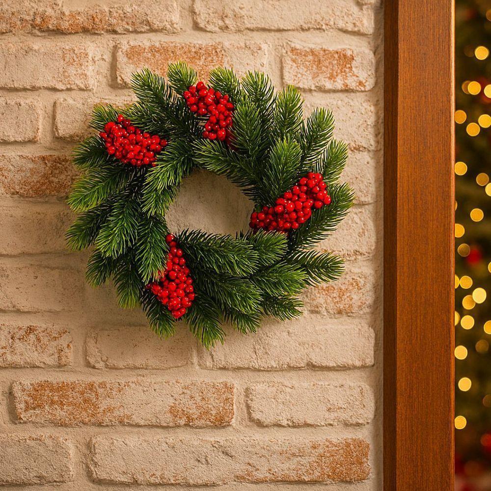 Guirlanda Galhos Pinheiro Verde Luxo E Berries Vermelho 28cm - Magizi - 2