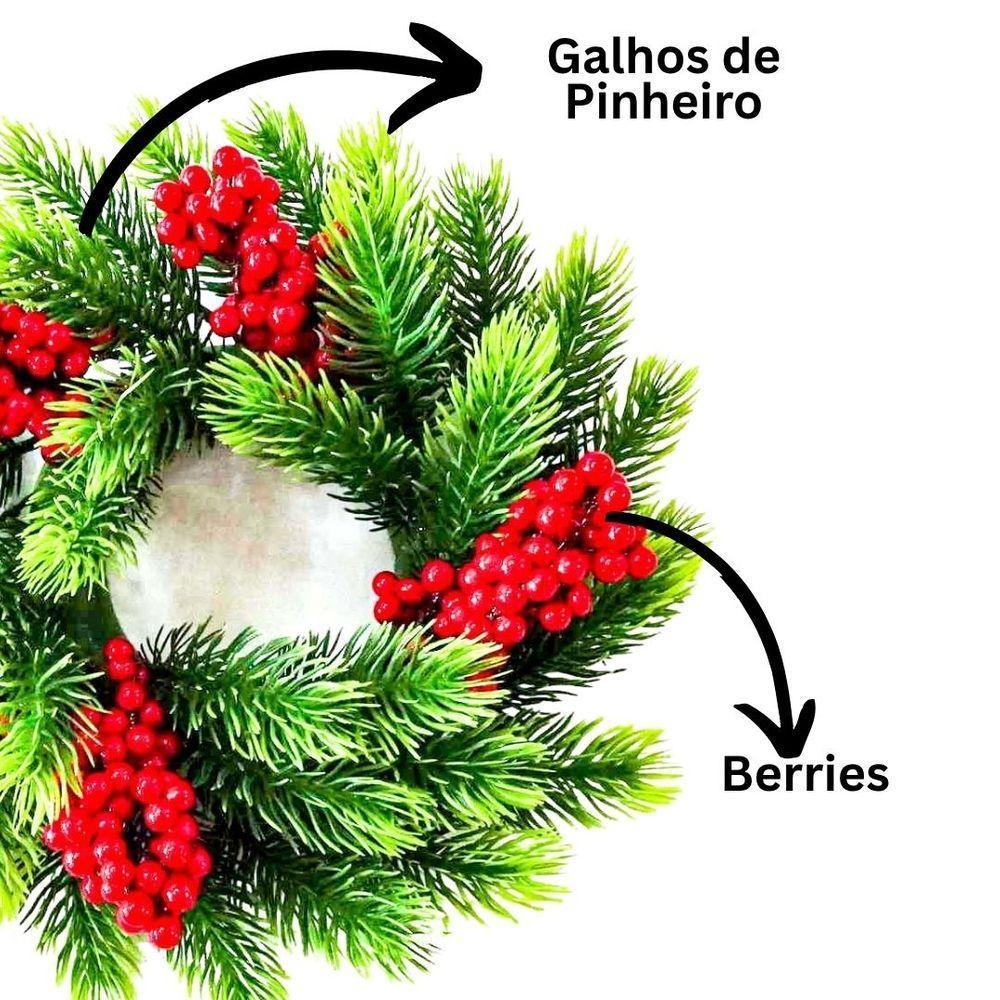 Guirlanda Galhos Pinheiro Verde Luxo E Berries Vermelho 28cm - Magizi - 3