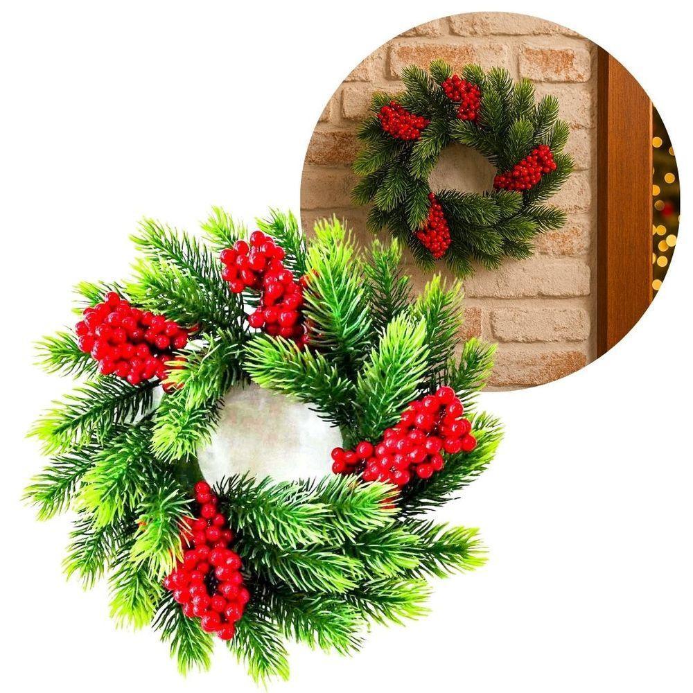 Guirlanda Galhos Pinheiro Verde Luxo E Berries Vermelho 28cm - Magizi - 5