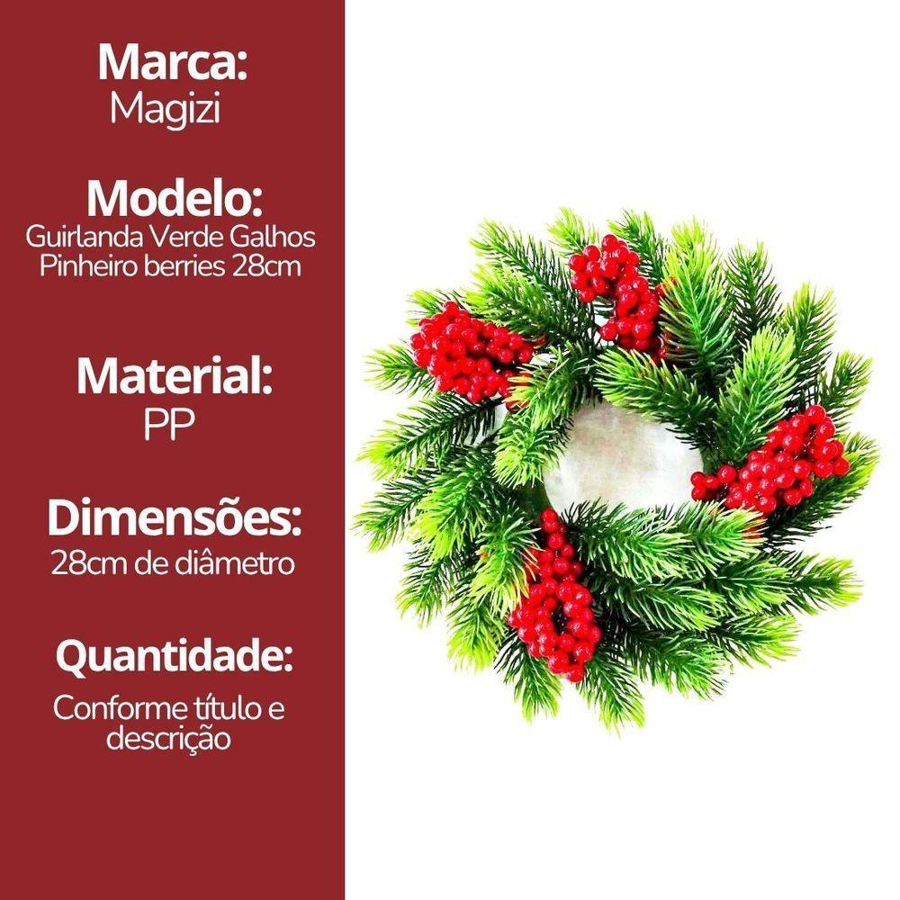 Guirlanda Galhos Pinheiro Verde Luxo E Berries Vermelho 28cm - Magizi - 6