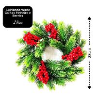 Guirlanda Galhos Pinheiro Verde Luxo E Berries Vermelho 28cm - Magizi