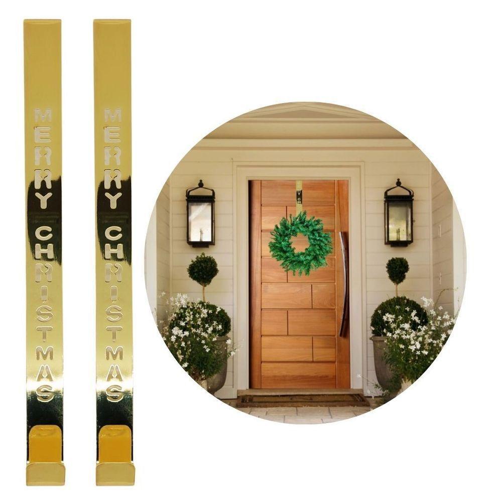 Jogo 2 Suportes Para Guirlanda Metal Dourado Merry Christmas 31cm Encaixe Porta - Magizi - 1