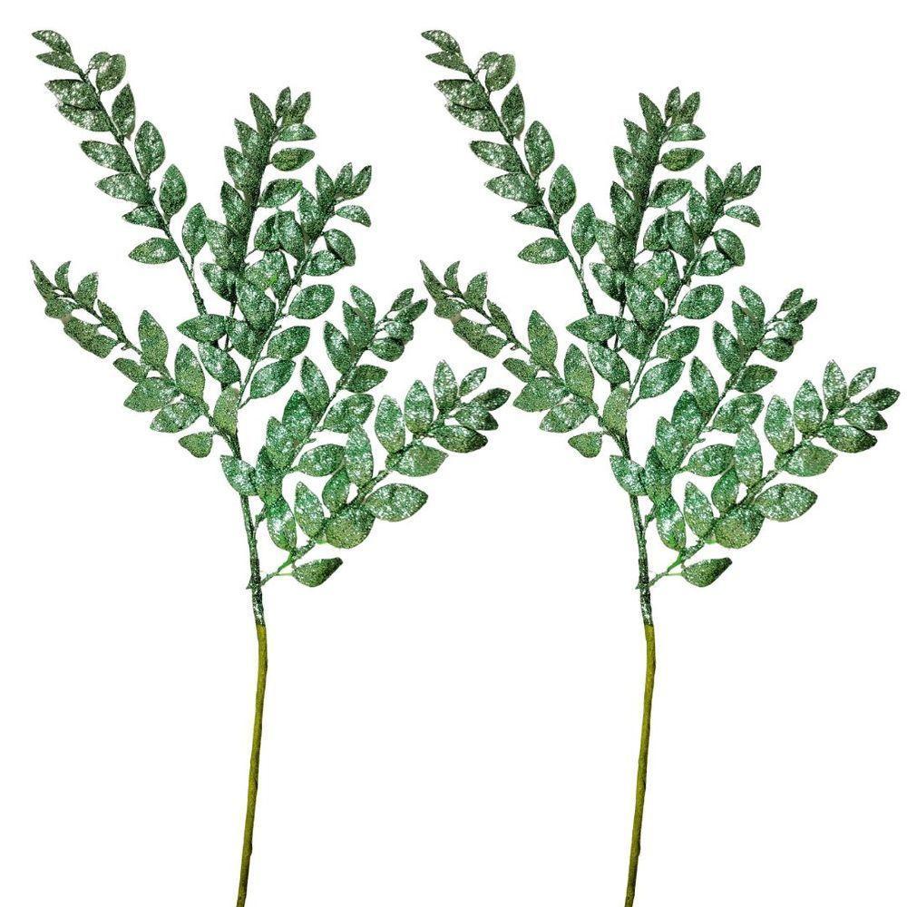 Kit 2 Galhos Haste Folhagem Natalina Decorativa Verde Glitter Brilhante 45cm - Bela Flor - 1