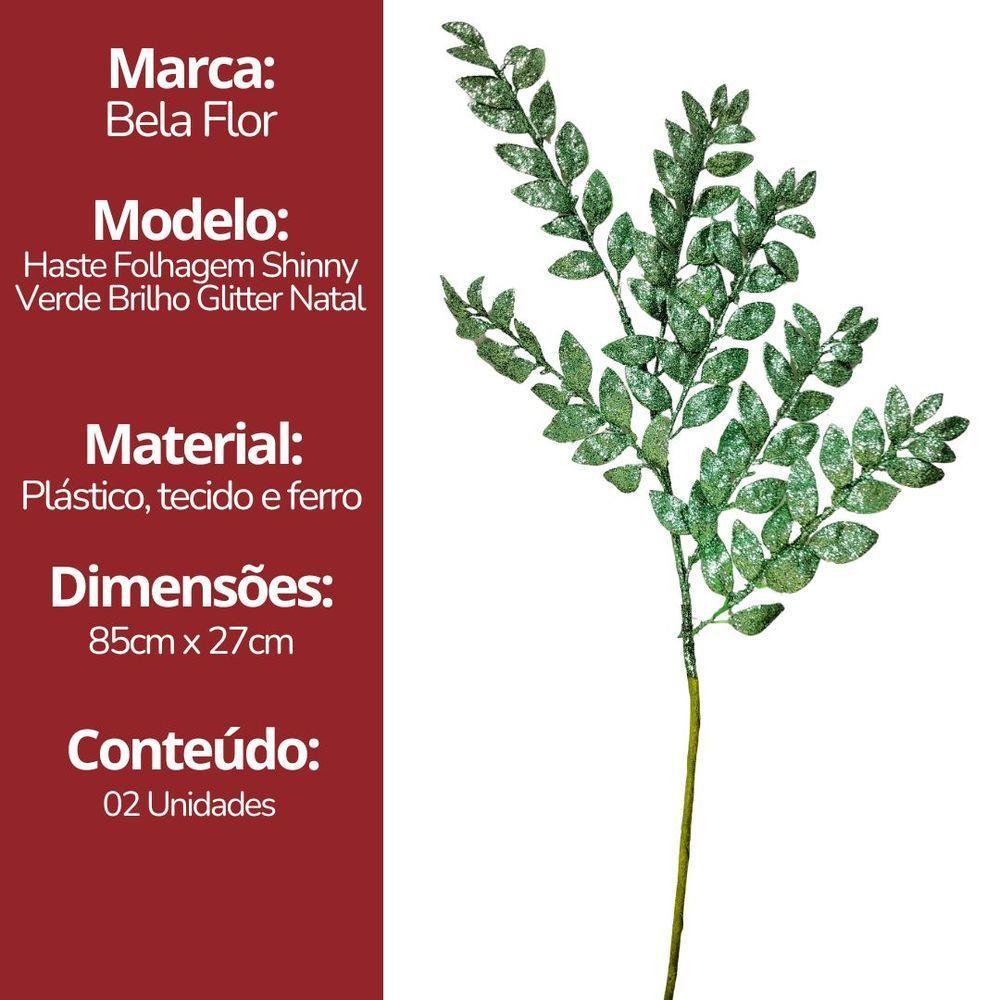 Kit 2 Galhos Haste Folhagem Natalina Decorativa Verde Glitter Brilhante 45cm - Bela Flor - 2