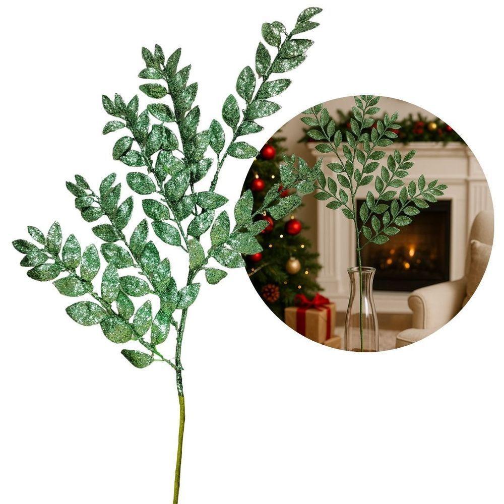 Kit 2 Galhos Haste Folhagem Natalina Decorativa Verde Glitter Brilhante 45cm - Bela Flor - 7