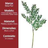 Kit 2 Galhos Haste Folhagem Natalina Decorativa Verde Glitter Brilhante 45cm - Bela Flor - 2