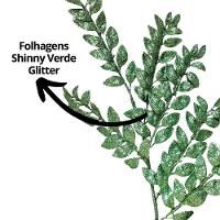 Kit 2 Galhos Haste Folhagem Natalina Decorativa Verde Glitter Brilhante 45cm - Bela Flor