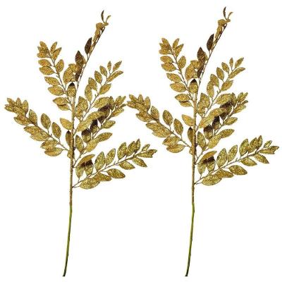 Kit 2 Galhos Haste Folhagem Natalina Decorativa Dourado Glitter Brilhante 45cm - Bela Flor