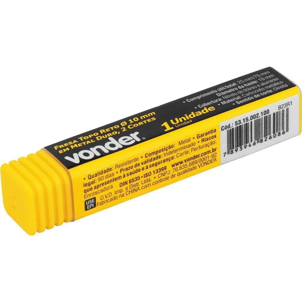 Fresa Topo Metal Duro 10,0mm 2 Cortes Reto Vonder - 3