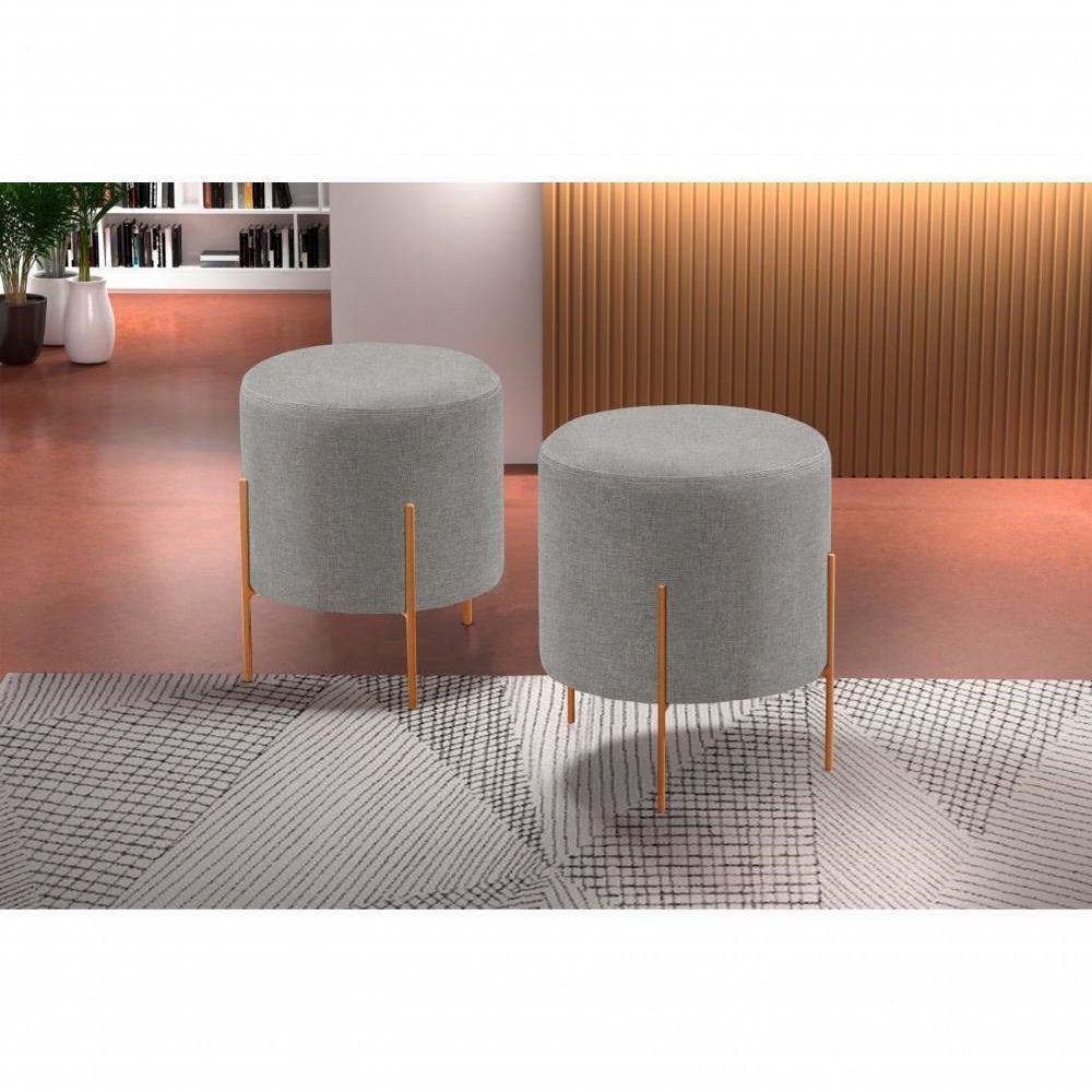 Puff Banqueta Odim Luxo Base Bronze Castellar Móbile Linho Cinza - 4