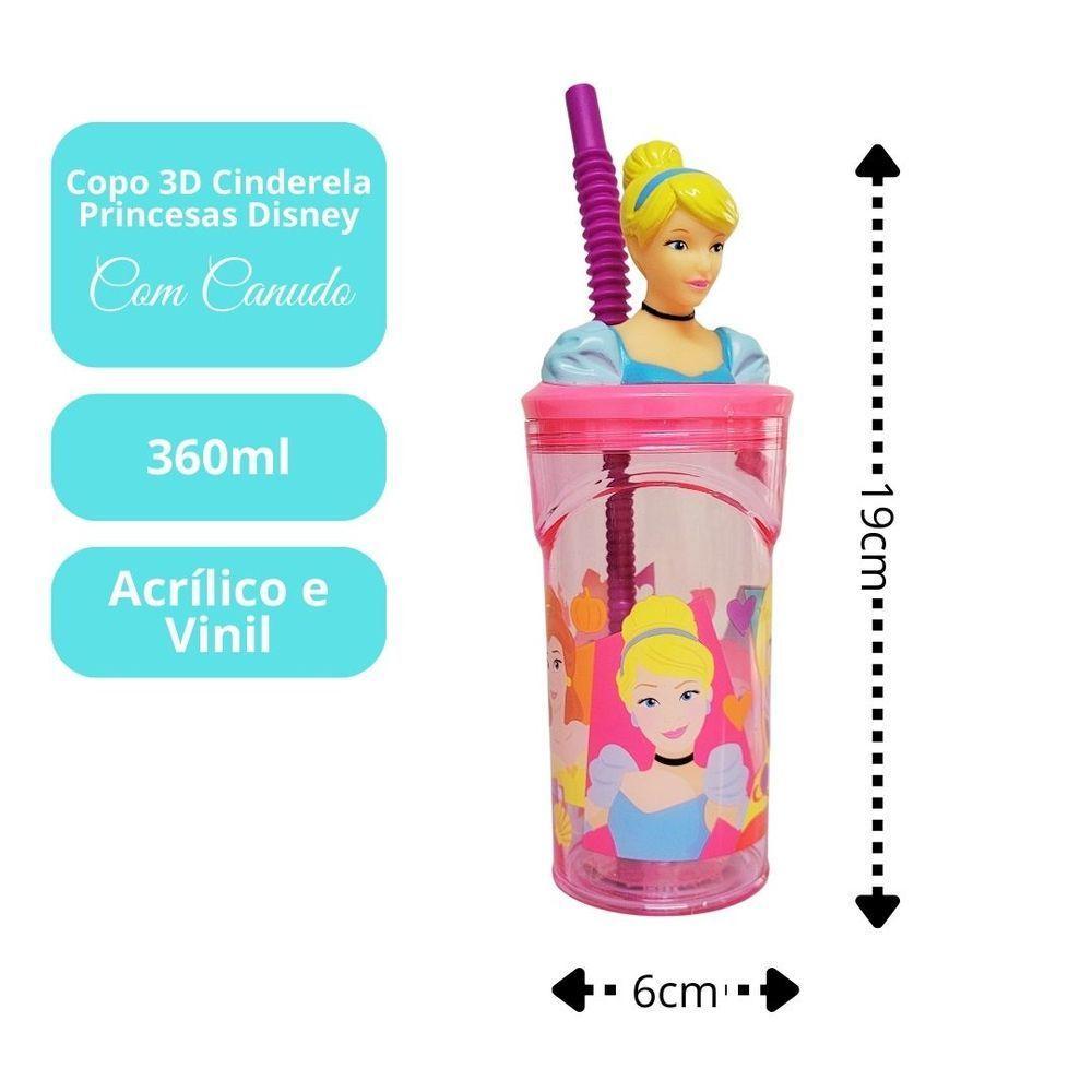 Copo Infantil Cinderela 3d Com Canudo 360ml Princesas Disney - Tuut - 3
