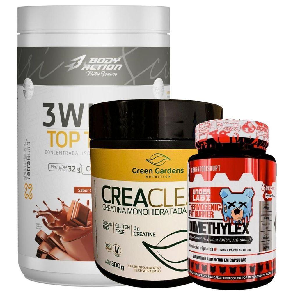 Kit 3whey Top Taste Body Action + Creatina 300g + Dimethylex Sabor Chocolate - 1
