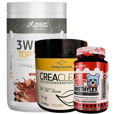 Kit 3whey Top Taste Body Action + Creatina 300g + Dimethylex Sabor Chocolate