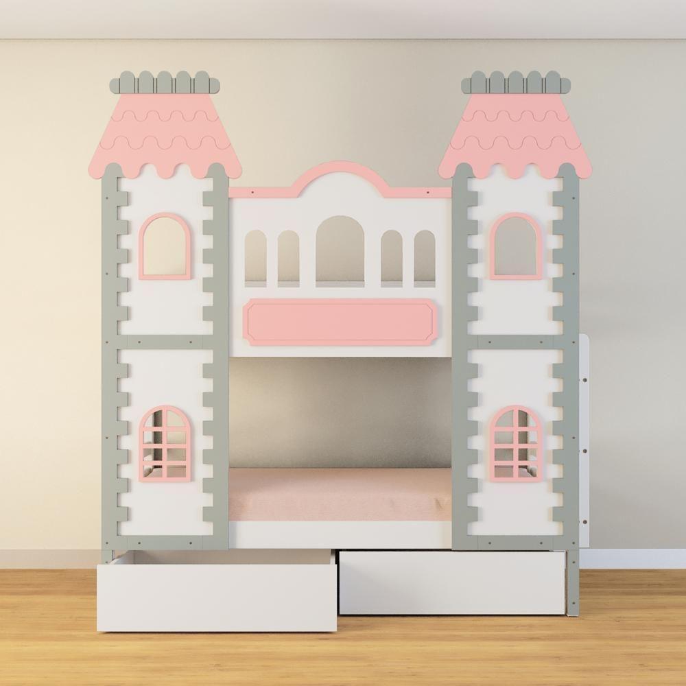 Beliche Castelo Encantado 02 Gavetas - Madeira Maciça Branco/cinza/rosa | Housin - 1