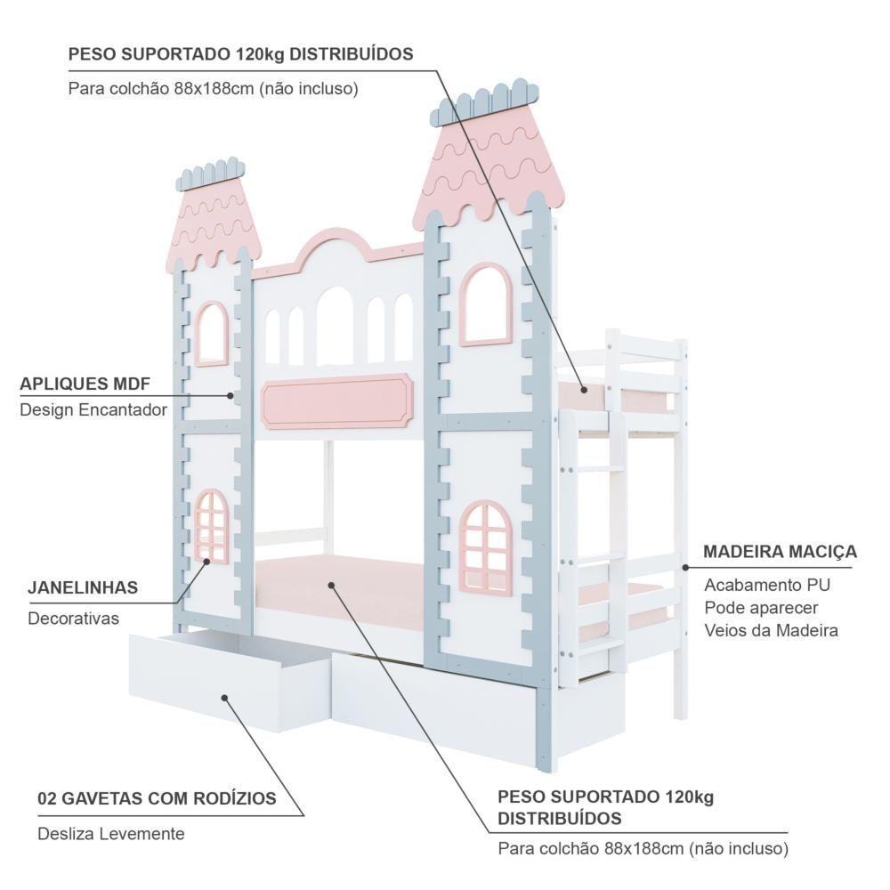Beliche Castelo Encantado 02 Gavetas - Madeira Maciça Branco/cinza/rosa | Housin - 5