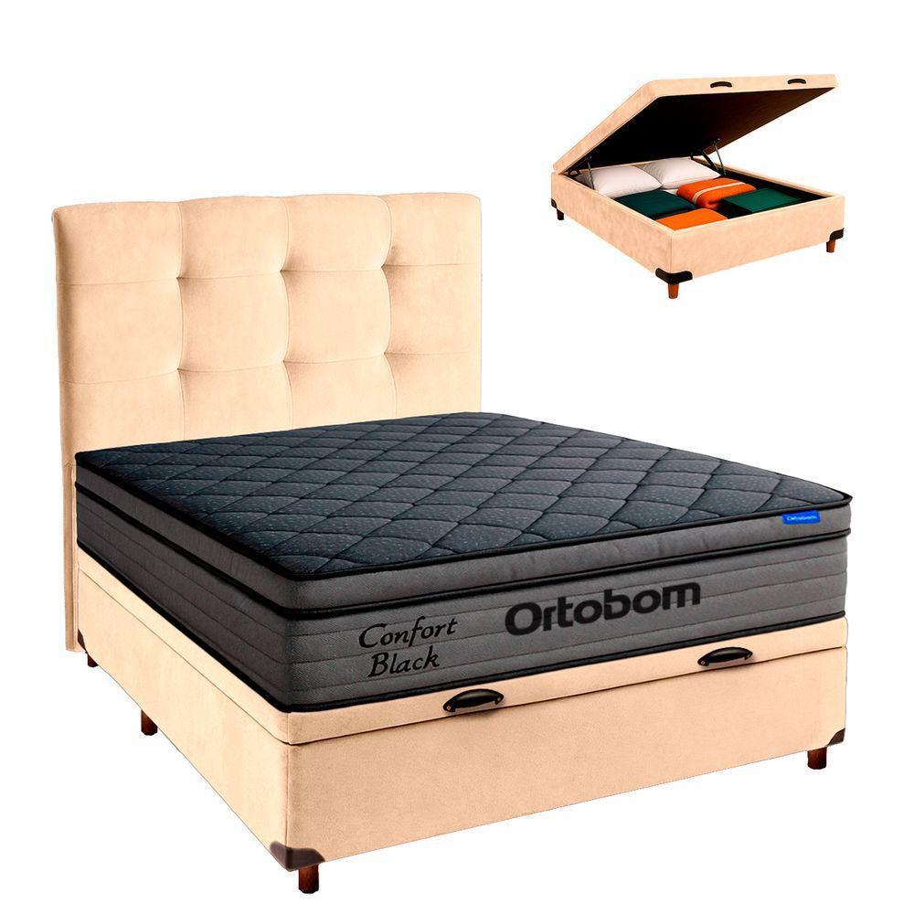 Baú Perola + Cabeceira + Colchão Casal Confort Black Ortobom - 1