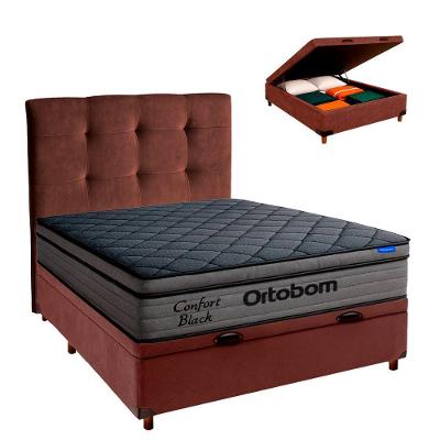 Baú Marrom + Cabeceira + Colchão Casal Confort Black Ortobom