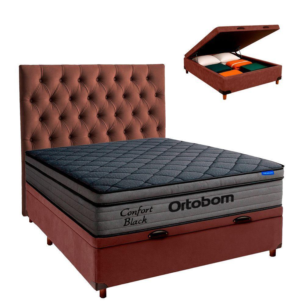 Baú Marrom + Cabeceira + Colchão Casal Confort Black Ortobom - 1