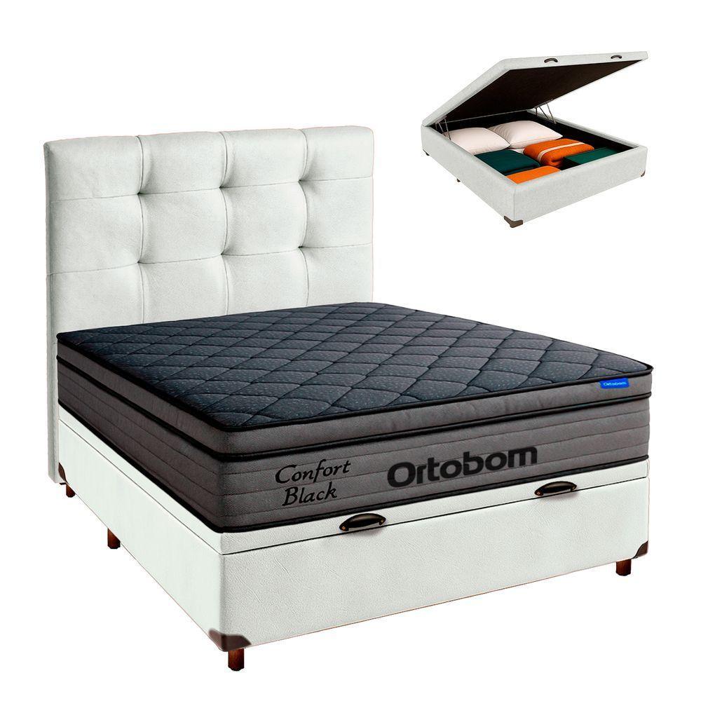 Baú Branco + Cabeceira + Colchão Casal Confort Black Ortobom - 1