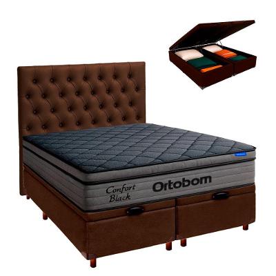 Baú Marrom + Cabeceira + Colchão Casal Confort Black Ortobom